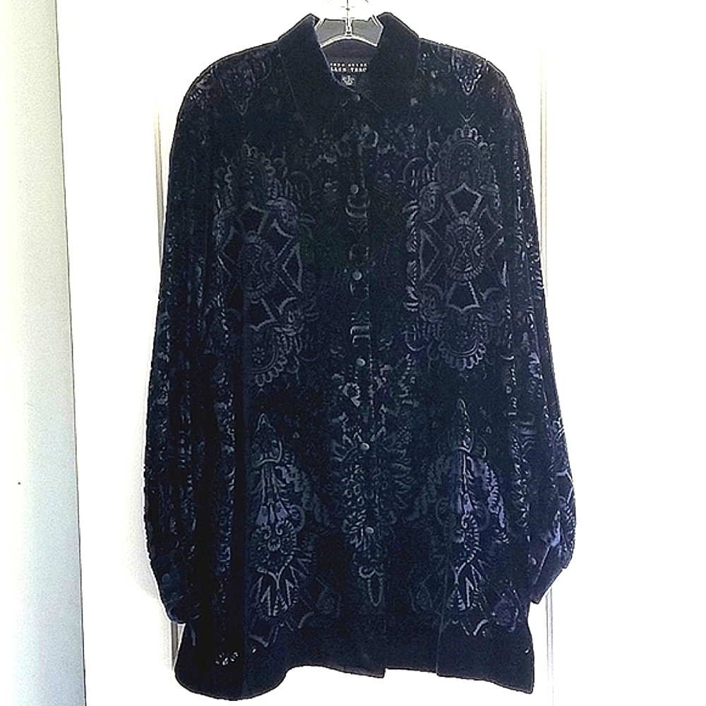 NWT Linda Allard Ellen Tracy silk Velvet burnout tunic button down blouse sz 12